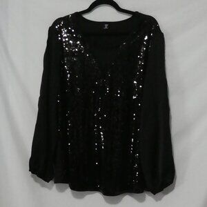 SHEIN Black Sequin V-Neck Long Sleeve Blouse